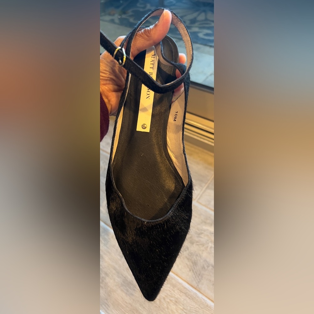 Matt Bernson pointed toe calf fur black ankle strap flats
